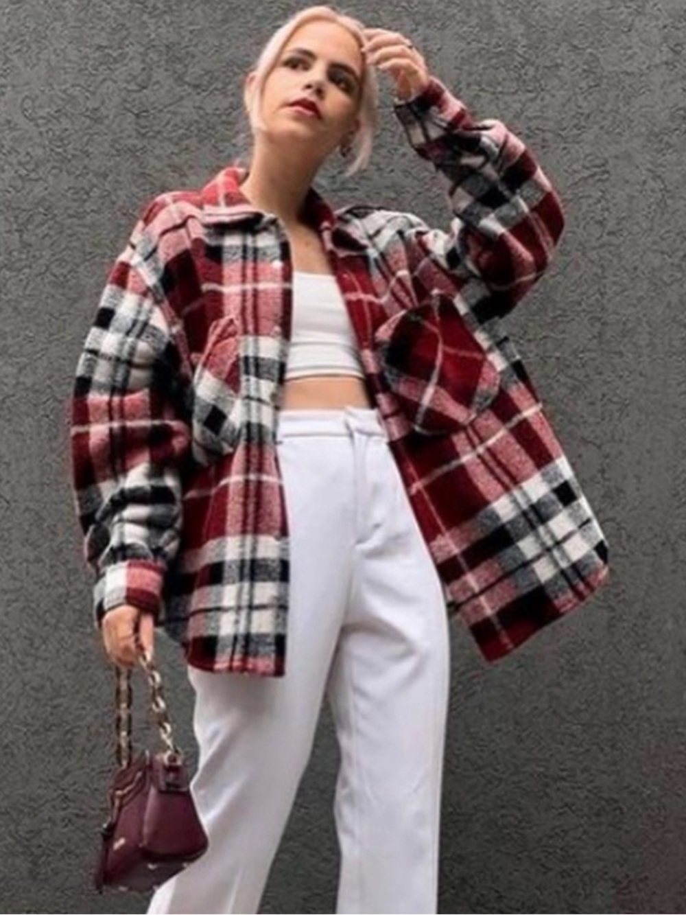 Zara Red Black White Plaid Teddy Jacket